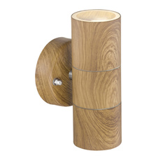 Venkovní svítidlo, nerezová ocel, imitace dřeva, sklo čiré, nástěnné svítidlo svítící nahoru a dolů, IP44, ŠxV: 9x17cm, H:9cm, bez žárovek 2xGU10, max. 35W 230V