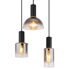 Závěsné svítidlo kov černý matný, kov imitace dřeva, sklo kouřové, kabel PVC černý, DxŠxV:770x330x1200mm, Ø stínítka: 2x10cm, 12cm a 20cm, bez žárovek 6x E27 LED, 15W 23