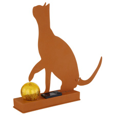 Solární svítidlo kovové, imitace rzi, imitace jantarového praskajícího skla, vč. baterie AA 200mAh 1,2V, IP44, sedící kočka s míčem, DxŠxV:315x70x335mm, vč.LED 0,06W 3V, 3000K