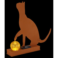Solární svítidlo kovové, imitace rzi, imitace jantarového praskajícího skla, vč. baterie AA 200mAh 1,2V, IP44, sedící kočka s míčem, DxŠxV:315x70x335mm, vč.LED 0,06W 3V, 3000K