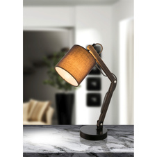 Stolní svítidlo, černý kov, hnědé dřevo, šedá textílie, kabel 1,5m, vypínač, ŠxV: 318x355, bez žárovky 1xE14, max. 25W 230V.