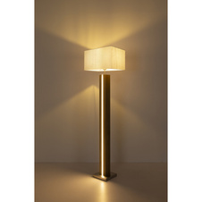 Stojací lampa, imitace dřeva MDF, kovový dub, textilní béžová, tlačítkový vypínač, stmívatelná, samostatně vypínatelná/stmívatelná, DxŠxVxH: 400x270x1500mm, včetně LED 17W 230V, výkon 1900lm, 3000K, bez žárovky 1xE27, max. 40W 230V