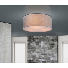 Stropní svítidlo, kov nikl matný, plast, textil šedý, akryl satinovaný, výška stínidla 15 cm, Ø 400, V: 175, bez žárovek 3xE14, max. 40W 230V.