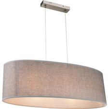 Závěsné svítidlo, kov nikl matný, plast, textil šedý, akryl satinovaný, výška stínidla 20 cm, DxŠxV:650x250x1400, bez žárovek 3xE27, max. 60W 230V.