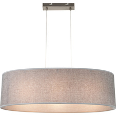 Závěsné svítidlo, kov nikl matný, plast, textil šedý, akryl satinovaný, výška stínidla 20 cm, DxŠxV:650x250x1400, bez žárovek 3xE27, max. 60W 230V.