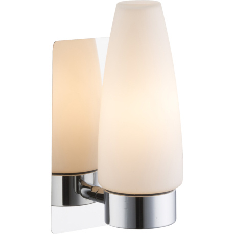 Nástěnné svítidlo, chrom, nerez, sklo opál bílé, IP44, ŠxV: 10x19cm, H:11cm, bez žárovky 1xE14, max. 25W 230V.