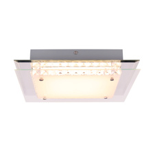 Stropní svítidlo, kov stříbrný, chrom, sklo opál, K9 křišťály průhledné, zrcadlo, DxŠxV: 340x340x80 včetně 1xLED 28W 230V, 1550lm, 3000K