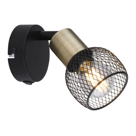 Nástěnné svítidlo, kov černý, mosaz, stínítko - kovová mřížka, vypínač, ŠxV: 8x17cm, H:9cm, bez žárovky 1xE14, max. 40W 230V
