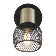 Nástěnné svítidlo, kov černý, mosaz, stínítko - kovová mřížka, vypínač, ŠxV: 8x17cm, H:9cm, bez žárovky 1xE14, max. 40W 230V