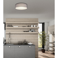 Stropní svítidlo, kov bílý, textil antracit, plast bílý, Ø40cm, V:10cm, bez žárovek 3xE27, max. LED 15W 230V