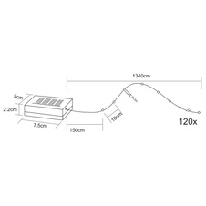Solární řetěz plast čirý, černé, vypínač, součástí balení baterie AA 600mAh 1,2V, IP44, solární panel samostatně, vzdálenost LM 10cm, Ø2mm, délka kabelu 1500mm, vč.120x LED 0,06W 3,2V