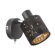 Nástěnné svítidlo, kov černý, kov chrom, samet černý, stínidlo s dekorem, z venka zlaté, vypínač, ŠxV: 8x12cm, H:12cm, bez žárovky 1xE14, max. 8W 230V.