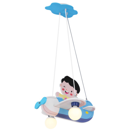 Závěsné svítidlo, dřevo, modrá bílá, plast opál, letadlo s chlapcem, DxŠxV: 430x400x1200, bez žárovek 2xE27, max. 40W 230V.