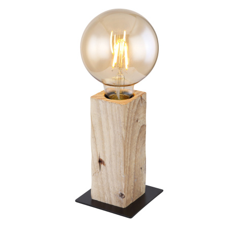 Stolní lampa, kov černý, přírodní dřevo, vypínač, DxŠxV: 90x90x150, bez žárovky 1xE27, max. 60W 230V