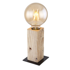 Stolní lampa, kov černý, přírodní dřevo, vypínač, DxŠxV: 90x90x150, bez žárovky 1xE27, max. 60W 230V