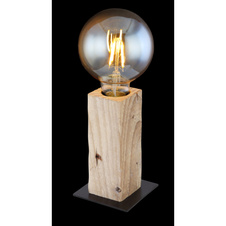 Stolní lampa, kov černý, přírodní dřevo, vypínač, DxŠxV: 90x90x150, bez žárovky 1xE27, max. 60W 230V