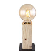 Stolní lampa, kov černý, přírodní dřevo, vypínač, DxŠxV: 90x90x150, bez žárovky 1xE27, max. 60W 230V