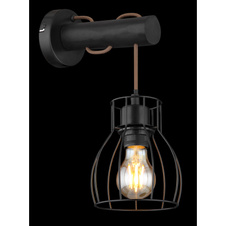 Nástěnné svítidlo, kov černý matný, dřevo černé, imitace spáleného dřeva, textilní kabel barva šampaň, vypínač, ŠxV: 14x33cm, H:24cm, bez žárovky 1xE27, max. 40W 230V