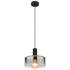 Závěsné svítidlo kov černý matný, kov imitace dřeva, sklo kouřové, kabel PVC černý, Ø:250mm, V:1200mm, bez žárovky 1x E27 LED 15W 230V