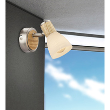 Nástěnné svítidlo, nikl matný, dřevo, sklo bílé pruhované, ŠxV: 8x11cm, H:13cm, bez žárovky 1xE14, max. 40W 230V.