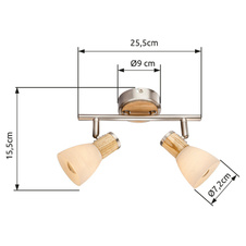 Nástěnné svítidlo, nikl matný, dřevo, sklo opálové pruhované, DxV: 26x16cm, bez žárovek 2xE14, max. 40W 230V.