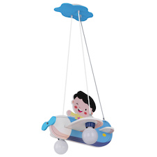Závěsné svítidlo, dřevo, modrá bílá, plast opál, letadlo s chlapcem, DxŠxV: 430x400x1200, bez žárovek 2xE27, max. 40W 230V.