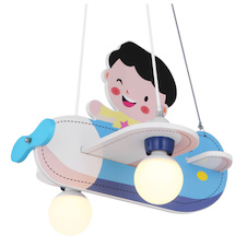 Závěsné svítidlo, dřevo, modrá bílá, plast opál, letadlo s chlapcem, DxŠxV: 430x400x1200, bez žárovek 2xE27, max. 40W 230V.