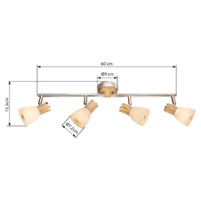 Stropní svítidlo, nikl matný, dřevo, sklo bílé pruhované, DxV: 60x16cm, bez žárovek 4xE14, max. 40W 230V.