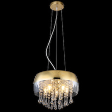 Závěsné svítidlo, mosaz, sklo zlaté, průhledné skleněné krystaly, Ø350, V: 1200, bez žárovek 5xE14, max. 25W 230V