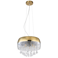 Závěsné svítidlo, mosaz, sklo zlaté, průhledné skleněné krystaly, Ø350, V: 1200, bez žárovek 5xE14, max. 25W 230V
