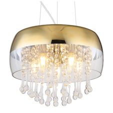 Závěsné svítidlo, mosaz, sklo zlaté, průhledné skleněné krystaly, Ø350, V: 1200, bez žárovek 5xE14, max. 25W 230V