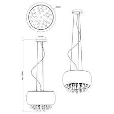 Závěsné svítidlo, mosaz, sklo zlaté, průhledné skleněné krystaly, Ø350, V: 1200, bez žárovek 5xE14, max. 25W 230V