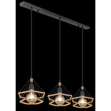 Závěsné svítidlo, kov matný černý, konopné lano hnědé, DxŠxV: 1000x250x1200, bez žárovek 3xE27, max. 40W 230V