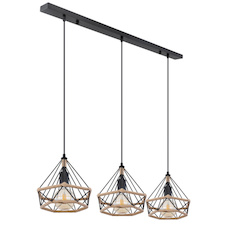 Závěsné svítidlo, kov matný černý, konopné lano hnědé, DxŠxV: 1000x250x1200, bez žárovek 3xE27, max. 40W 230V