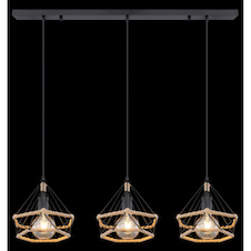 Závěsné svítidlo, kov matný černý, konopné lano hnědé, DxŠxV: 1000x250x1200, bez žárovek 3xE27, max. 40W 230V