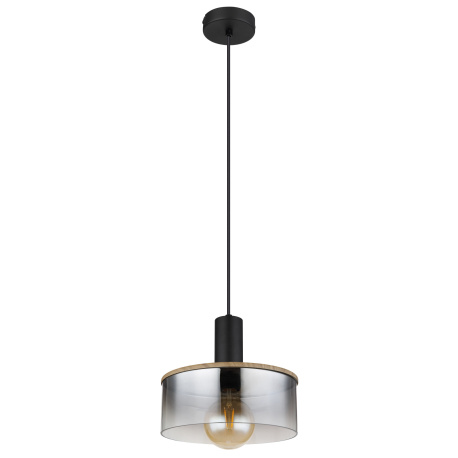 Závěsné svítidlo kov černý matný, kov imitace dřeva, sklo kouřové, kabel PVC černý, Ø:250mm, V:1200mm, bez žárovky 1x E27 LED 15W 230V