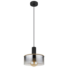 Závěsné svítidlo kov černý matný, kov imitace dřeva, sklo kouřové, kabel PVC černý, Ø:250mm, V:1200mm, bez žárovky 1x E27 LED 15W 230V