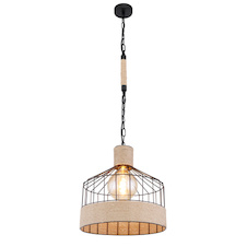 Závěsné svítidlo, kov černý matný, konopné lano hnědé, černý řetěz, Ø350, V: 1350, bez žárovky 1xE27, max. 60W 230V