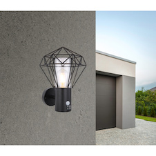 Venkovní svítidlo, nerez ocel černá, kov černý, plast průhledný, IP44, snímač: V: 1,8m, 90°, dosah max. 8m, ŠxV: 225x340, H: 275, bez žárovky 1xE27 LED, max. 15W 230V