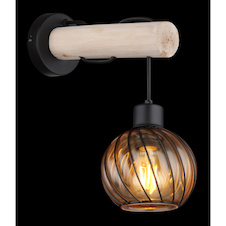 Nástěnné svítidlo kov černý matný, přírodní dřevo, sklo jantarové barvy, stínítko z kovových drátů, kabel PVC černý, směr světla: dolů, DxŠxV:130x300x270mm, bez žárovky 1x E27 15W 230V