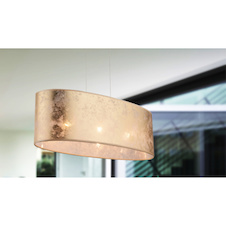 Závěsné svítidlo, kov nikl matný, plast, textil zlatý, satinovaný akryl, výška stínidla 20 cm, DxŠxV:650x250x1400, bez žárovek 3xE27, max. 60W 230V.