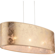 Závěsné svítidlo, kov nikl matný, plast, textil zlatý, satinovaný akryl, výška stínidla 20 cm, DxŠxV:650x250x1400, bez žárovek 3xE27, max. 60W 230V.