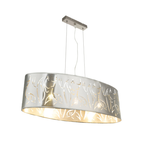 Závěsné svítidlo, kov nikl matný, plast stříbrný, stínidlo s dekorativním děrováním, DxŠxV:650x250x1400, bez žárovek 3xE27, max. 60W 230V.