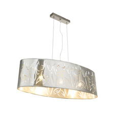 Závěsné svítidlo, kov nikl matný, plast stříbrný, stínidlo s dekorativním děrováním, DxŠxV:650x250x1400, bez žárovek 3xE27, max. 60W 230V.