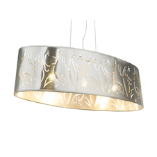 Závěsné svítidlo, kov nikl matný, plast stříbrný, stínidlo s dekorativním děrováním, DxŠxV:650x250x1400, bez žárovek 3xE27, max. 60W 230V.