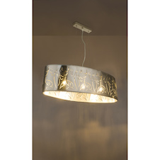 Závěsné svítidlo, kov nikl matný, plast stříbrný, stínidlo s dekorativním děrováním, DxŠxV:650x250x1400, bez žárovek 3xE27, max. 60W 230V.