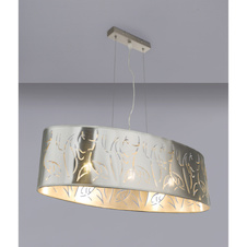 Závěsné svítidlo, kov nikl matný, plast stříbrný, stínidlo s dekorativním děrováním, DxŠxV:650x250x1400, bez žárovek 3xE27, max. 60W 230V.