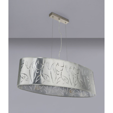 Závěsné svítidlo, kov nikl matný, plast stříbrný, stínidlo s dekorativním děrováním, DxŠxV:650x250x1400, bez žárovek 3xE27, max. 60W 230V.