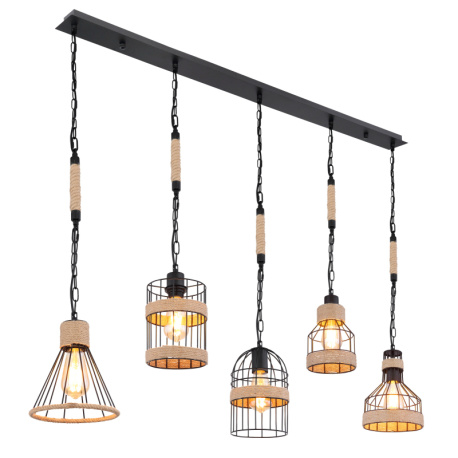 Závěsné svítidlo, kov černý matný, konopné lano hnědé, 5 různých stínidel, černé řetězy, DxŠxV: 1300x195x1250, bez žárovek 5xE27, max. 60W 230V