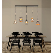 Závěsné svítidlo, kov černý matný, konopné lano hnědé, 5 různých stínidel, černé řetězy, DxŠxV: 1300x195x1250, bez žárovek 5xE27, max. 60W 230V